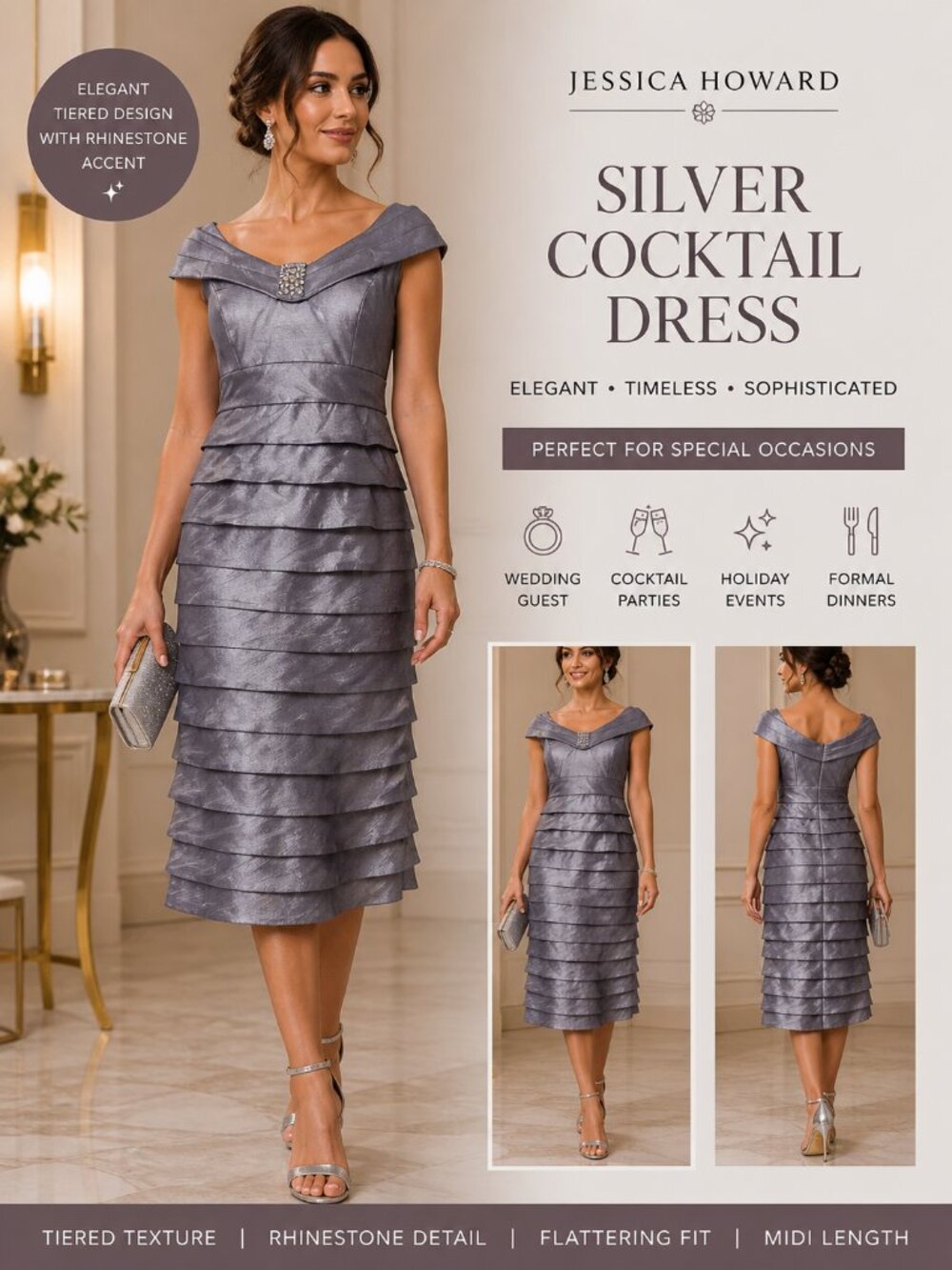 Jessica Howard Silver Tiered Cocktail Dress Rhinestone Neckline Midi Size 6